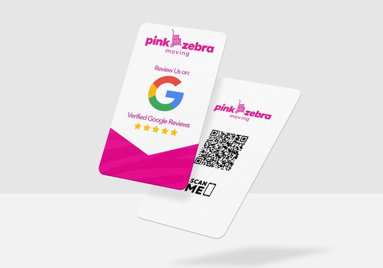 Pink Zebra custom review request cards with QR code and Google review prompt, set of 12
