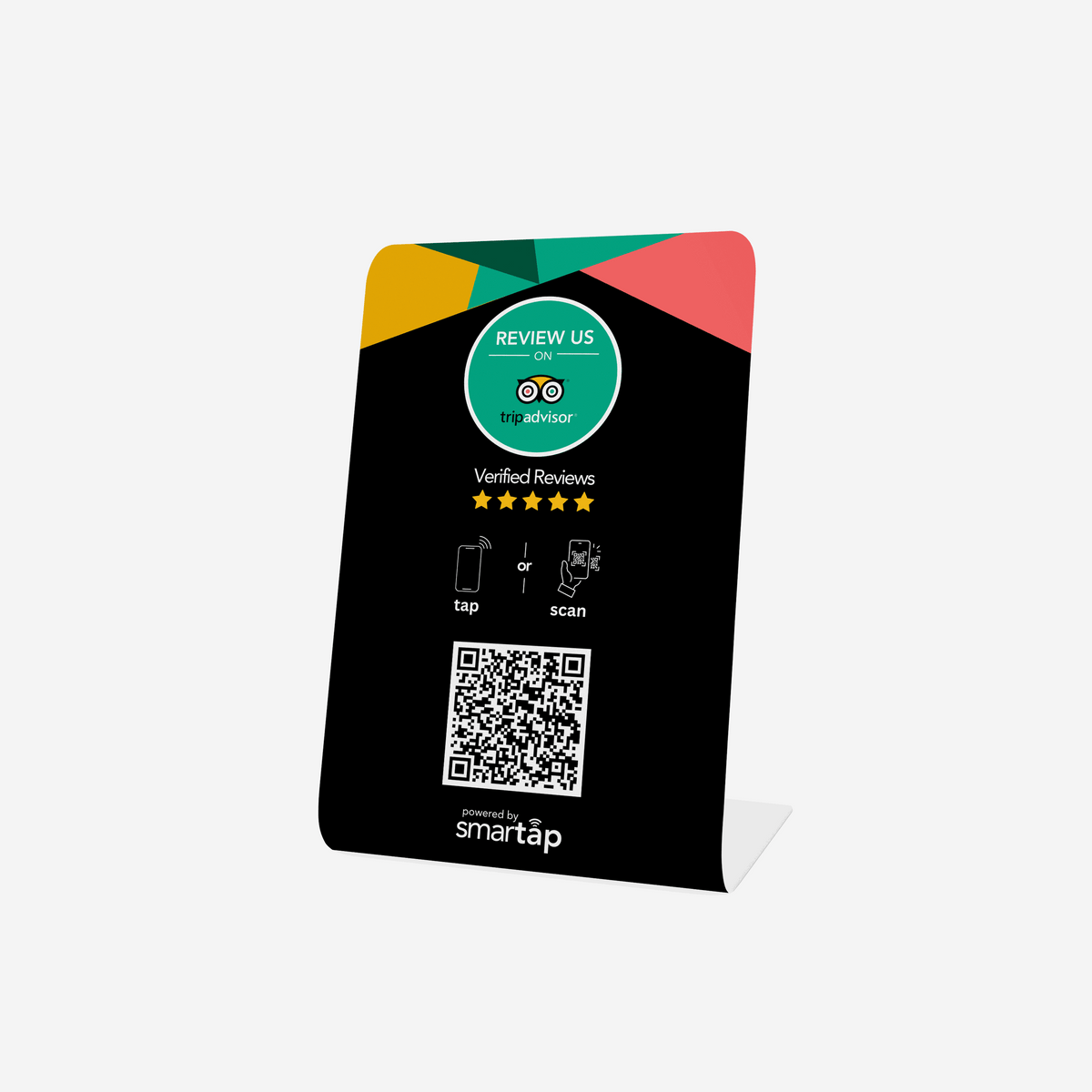 Tripadvisor Stand with NFC and QR code for easy customer reviews on table or counter